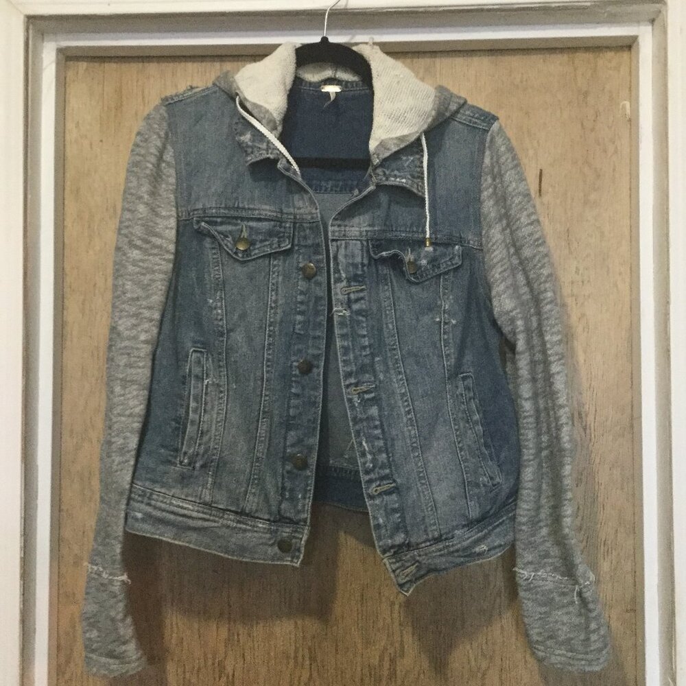 Free People denim jacket with gray arms and hood
